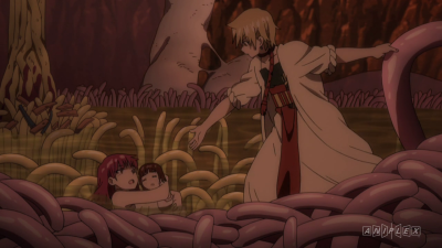 Alibaba risks his life to save Morgiana and a little girl. 